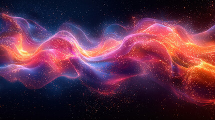 Fototapeta premium A vibrant, iridescent wave, formed of swirling colors and holographic particles, flowed seamlessly into the darkness, its curved form creating a mesmerizing visual spectacle 