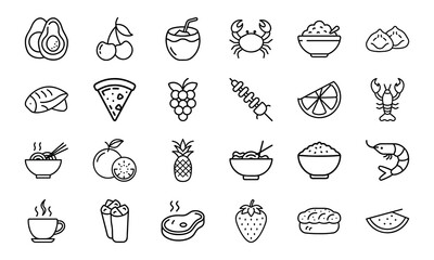 Collection of Black and White Food Icons – Fruits, Drinks, Seafood, Noodles, Pizza, Meat, Desserts, and Bakery Line Vector Illustrations for Restaurant, Cafe, and Food Blog Design