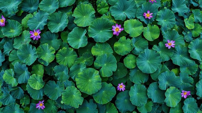 A large forest of green lotus leaves with many small pink buds, captured in HD with a top-down view and close-up focus, showcasing clear details of the leaves and buds in high-resolution.