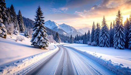 Snowy Winter Road Winding Through Mountain Forest at Sunrise.