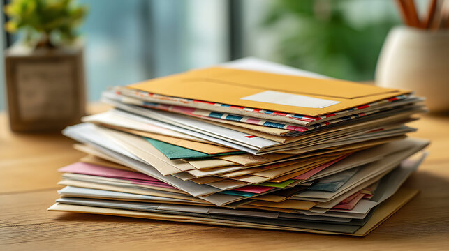 A stack of junk mail on the table at office. Important letters from junk mail, Correspondence, Organization concept