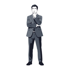 Contemplative Business Figure: A monochrome illustration depicts a poised businessman, deep in thought, hand resting thoughtfully near his mouth, ready to face challenges.