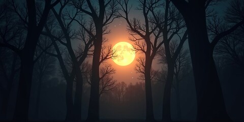 Mystery and tranquility of night in a dark forest with glowing full moon and bare trees in dreamy atmospheric landscape