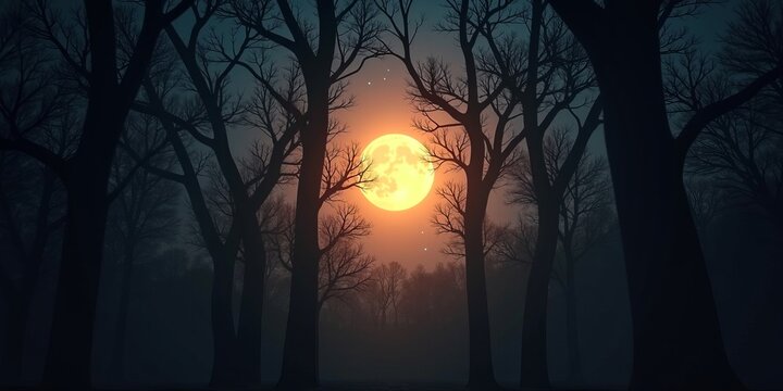 Mystery and tranquility of night in a dark forest with glowing full moon and bare trees in dreamy atmospheric landscape - Powered by Adobe