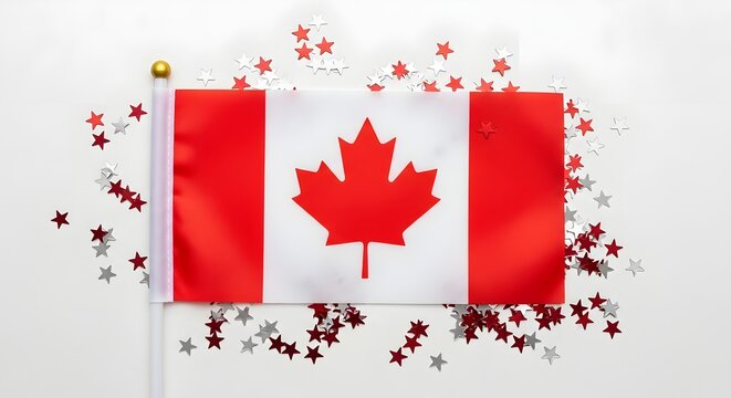 Canadian flag with maple leaf surrounded by scattered star confetti, isolated on white background