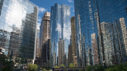 Obraz premium City skyline reflects sunlight on glass buildings in urban landscape