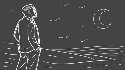 Man in Suit Contemplating Moonlit Landscape.