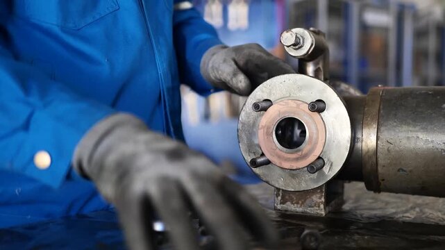 A maintenance technician disassembles a pump flange in a factory workshop, emphasizing precise repair, mechanical expertise, and efficient industrial maintenance practices.