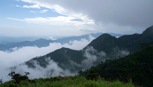 Mountain range with clouds and fog rolling over the peaks green hills and blue sky landscape