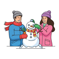 Building a Winter Wonder: A joyous pair creates a snowman. A picture perfect snapshot of winter's delightful creations.
