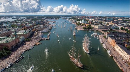 Fototapeta premium Beautiful harbor with sailing ships and bustling waterfront in a vibrant city setting