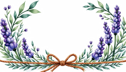 Fototapeta premium Watercolor lavender border with herbs and rustic twine, wedding and organic theme