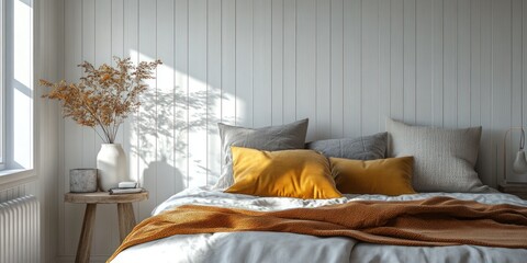 Cozy bedroom bathed in sunlight. White paneling backdrop, plush bed with pillows and throw, small table with vase