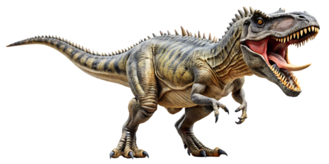 Fierce Tyrannosaurus Rex dinosaur roaring with mouth open t-rex prehistoric isolated on a transparent background