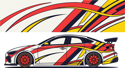 Sport Car Wrap Design  Abstract Racing Stripes in Red, Yellow, and Black Vector Illustration