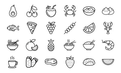 Collection of Black and White Food Icons – Fruits, Drinks, Seafood, Noodles, Pizza, Meat, Desserts, and Bakery Line Vector Illustrations for Restaurant, Cafe, and Food Blog Design