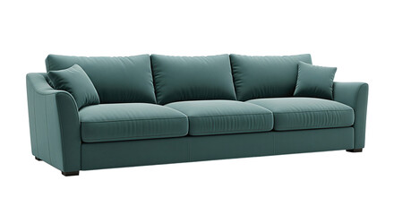 Fototapeta premium Elegant teal sofa with plush cushions and inviting design, perfect for modern living room interiors and stylish home decor
