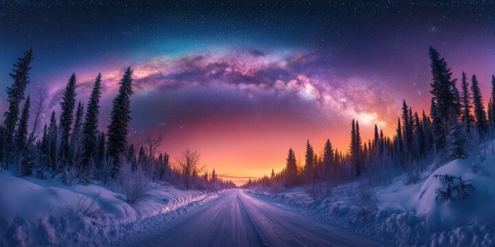 A snowy road leads into a vivid sunset under a star-filled sky. Trees line the path. The image captures the majestic aurora borealis
