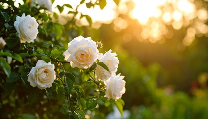 Fototapeta premium Blossoming white roses at sunset