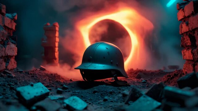 WWII helmet among embers and fiery vortex