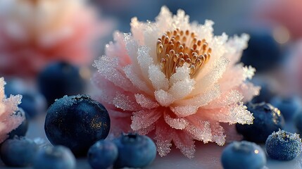 Frozen flower and blueberries