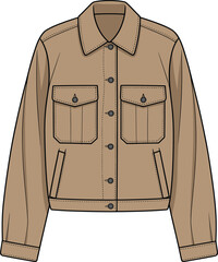 Brown Jacket – Stylish Outerwear with Button Front and Flap Pockets, Fashion Design Layout and Sewing Apparel Template CAD Drawing Flat Vector Illustration