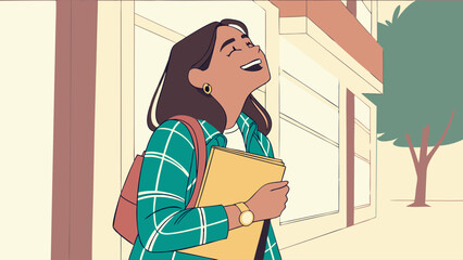 Smiling Woman with Backpack and Books Enjoys the Sunlight Outdoors.