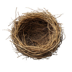 Obraz premium Empty bird nest made of twigs and branches, isolated on transparent background