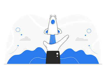 A hand launches a rocket. This graphic symbolizes a journey to success, representing business growth and development, and bold ambition. Startup vector illustration.