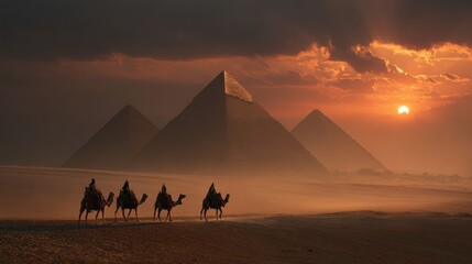Camel caravan traveling near pyramids at sunset in Egypt's desert landscape