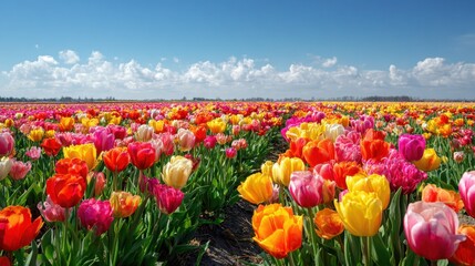 Vibrant tulip field in full bloom under a clear blue sky during springtime