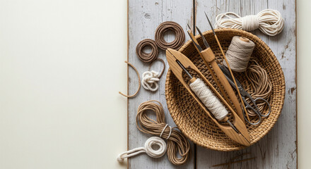 Basket Weaving Tools on Wooden Surface