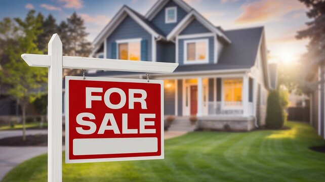 A classic blue suburban house with a red and white for sale sign in the front yard, bathed in the warm glow of sunset, symbolizing opportunity and new beginnings in real estate