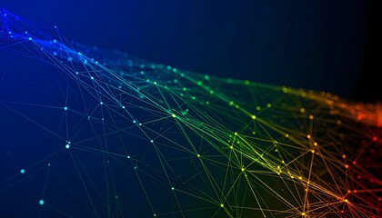 An abstract image of a colorful, undulating network of glowing interconnected nodes and lines on a dark blue background, representing global connectivity and technology.