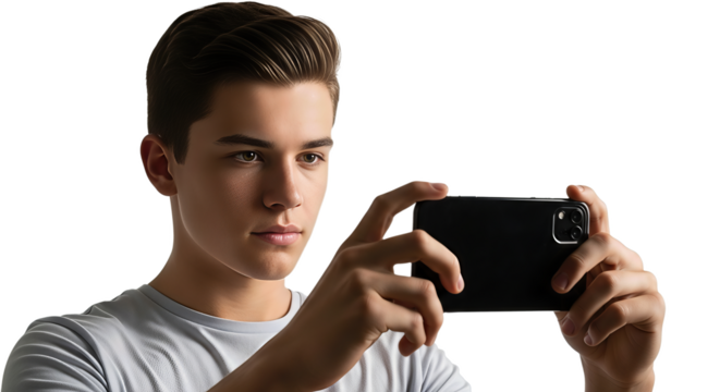 Young man holding smartphone, capturing memories, creating content, perfect for social media marketing campaigns