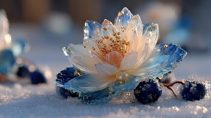 Delicate, frosted lotus flower on snow