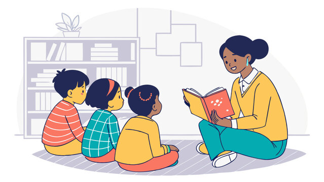 Teacher Reading a Book to Children Illustration.