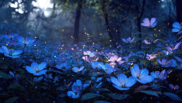 Enchanted forest of luminous flowers