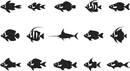 Naklejka premium Black fish silhouette vector set, marine animal icons, ocean life illustration, aquatic wildlife design, underwater creature collection, sea animal graphic elements