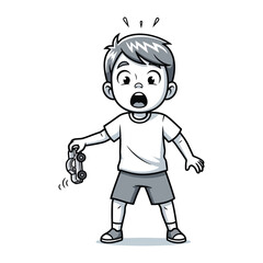 Shock and Surprise: A young boy in shorts and tee, cartoonishly animated, gazes with wide-eyed wonder and dismay as he drops a toy car. Perfect for depicting childhood astonishment.