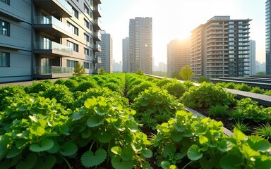 Urban greening project, vertical farm & rooftop solar, sustainability, urban agriculture, nature. High quality