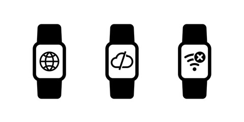disconnect from server or cloud icons, no connection pictogram with smart watch on white
