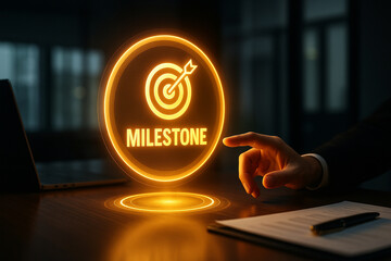 Glowing milestone target icon with businessman hand reaching out