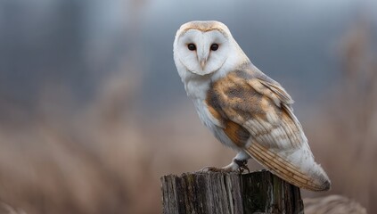 Barn Owl perched on a weathered post