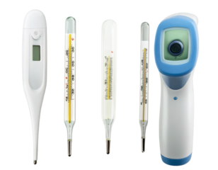 Set of Realistic Medical Thermometers, Front View, Isolated on Transparent Background PNG