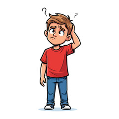 Puzzled: A young boy with a questioning look on his face is scratching his head, accompanied by question marks above him, expressing confusion or uncertainty.