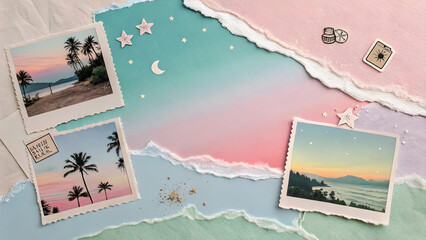 Three vintage polaroid photos of tropical beach sunsets and starry skies with torn paper layers and decorative elements