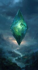 Obraz premium A luminous, green diamond-shaped crystal floats above a misty, quaint valley town at dusk, silhouetted against a brooding, twilight sky