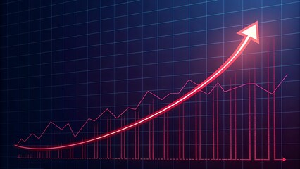 Stylized red arrow curving upward over bar and line graphs on blue grid background – Financial growth, data trends, business analytics, performance metrics, market momentum, success visualization