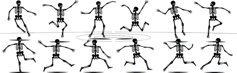 Dancing skeletons vector illustration, spooky Halloween skeletons in motion, eerie bone dance artwork, black and white creepy skeleton animation, festive skeleton design